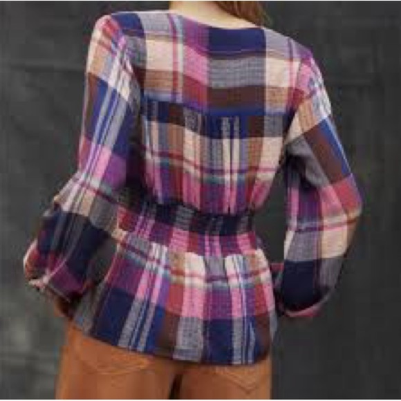 Anthropologie Plaid Plunging V-Neck long Sleeve Blouse 1X , GUC - Picture 2 of 8